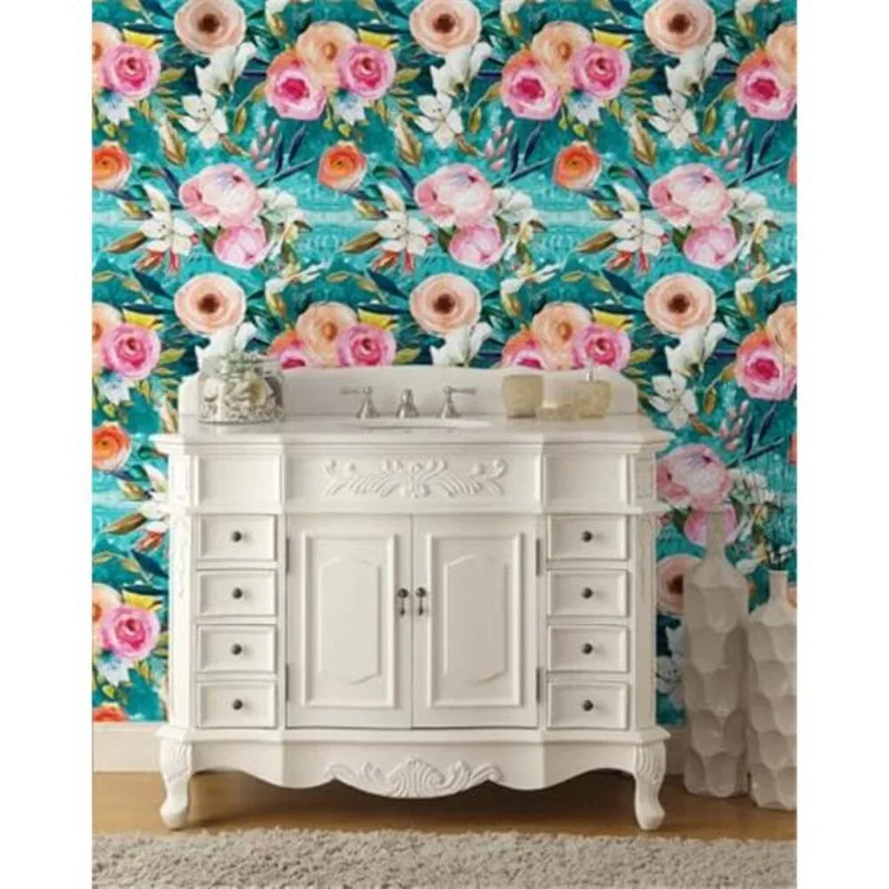 Floral Peel and Stick Wallpaper Teal Green/Pink Removable, 17.7in x 6.5ft